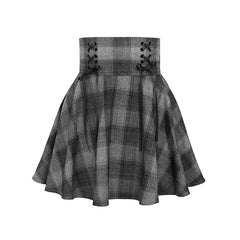 Dark Gray Plaid High Waist Straps High Waist Short Skirt