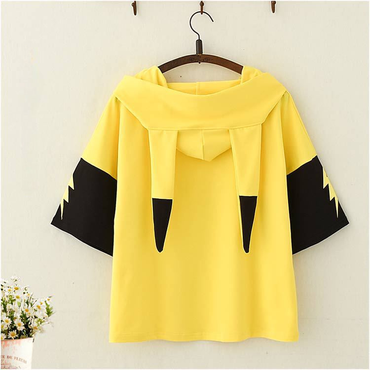 Women's Cartoon Ears Printed Hooded Short-sleeved T-shirt