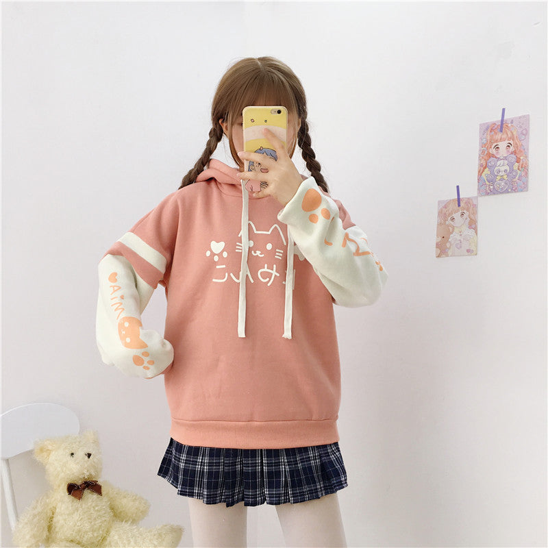 Japanese Mori Cute Cat Print Color Block Hoodie