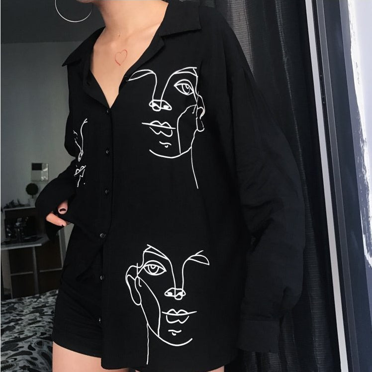 Chic Women's Graffiti Printed Long Sleeved Shirt