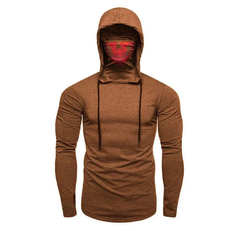 Men's Fitness Ninja Skull Mask Hooded Long Sleeve Shirt