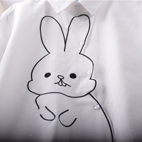 Japanese Style Cute Rabbit Embroidery Collar Short Sleeved Shirt