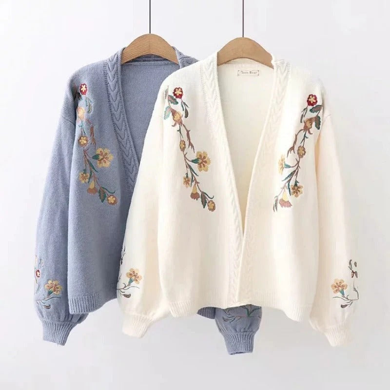 Casual Flower Embroidery Knitted Long-sleeved Cardigan