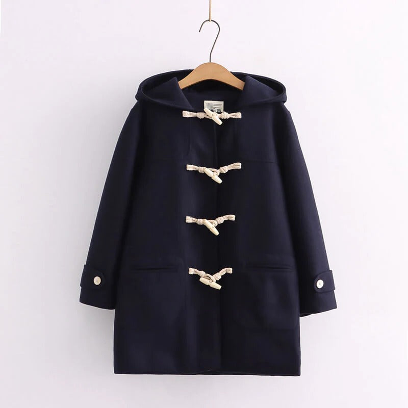 Japanese Fashion Horn Button Long Hooded Coat