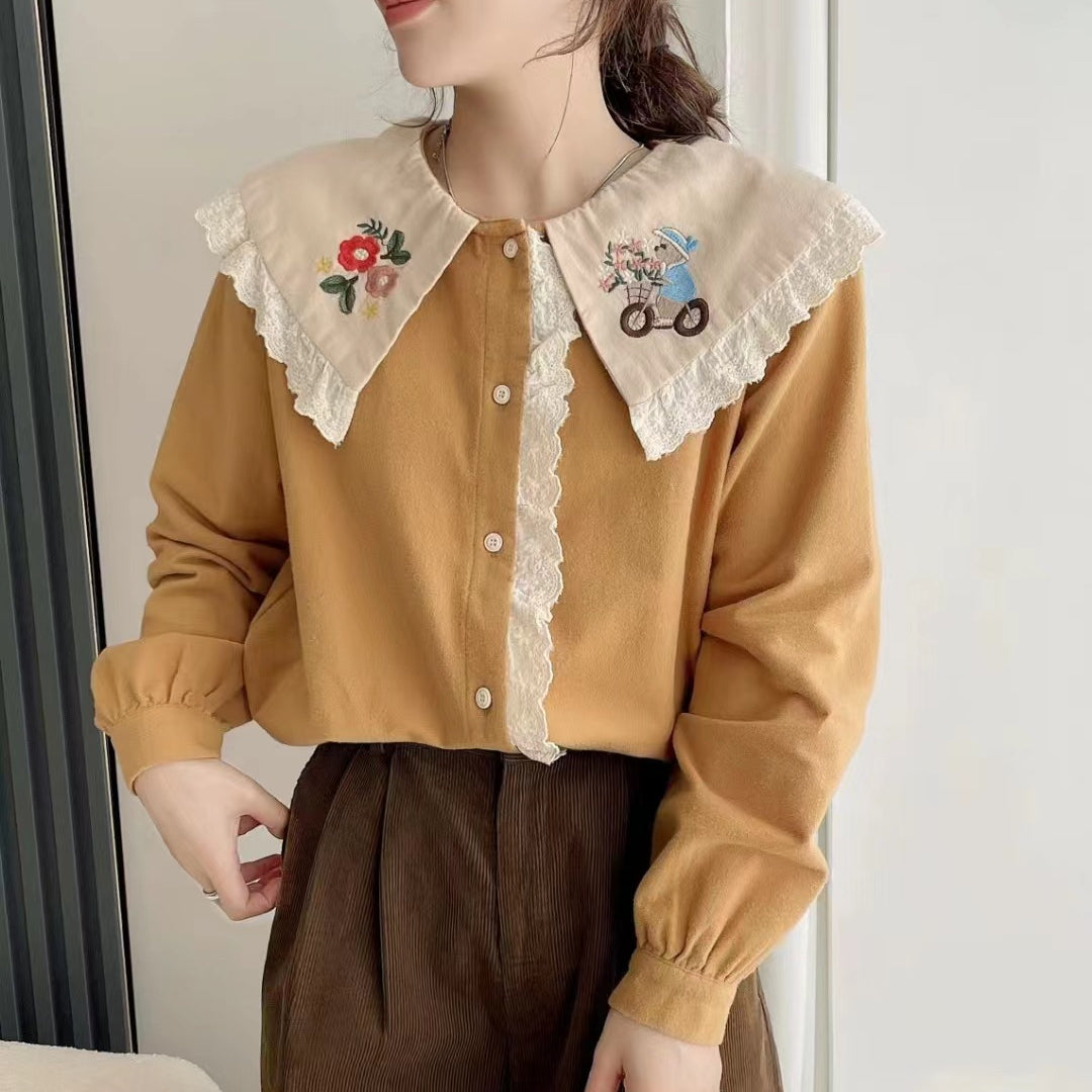 Women's Niche Floral Bear Embroidered Lapel Shirt