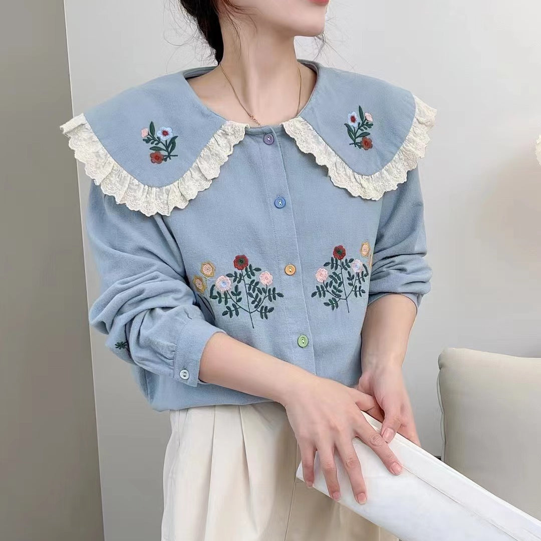 Fresh Floral Embroidery Lace Doll Collar Brushed Blouse