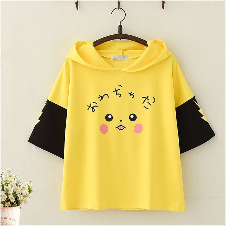 Women's Cartoon Ears Printed Hooded Short-sleeved T-shirt