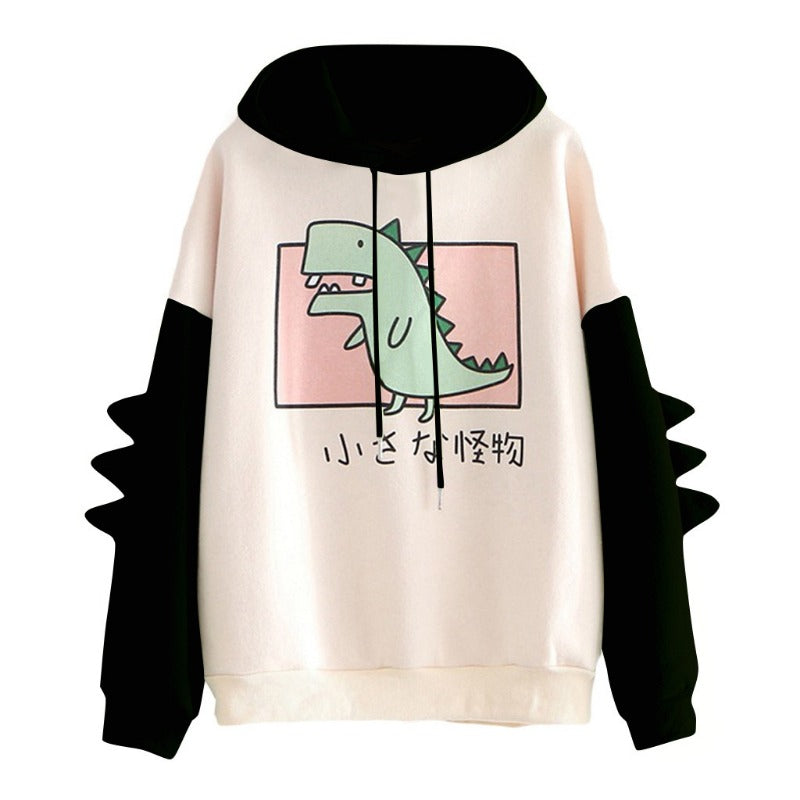 Japanese Style Cute Dinosaur Print Velvet Warm Hoodie