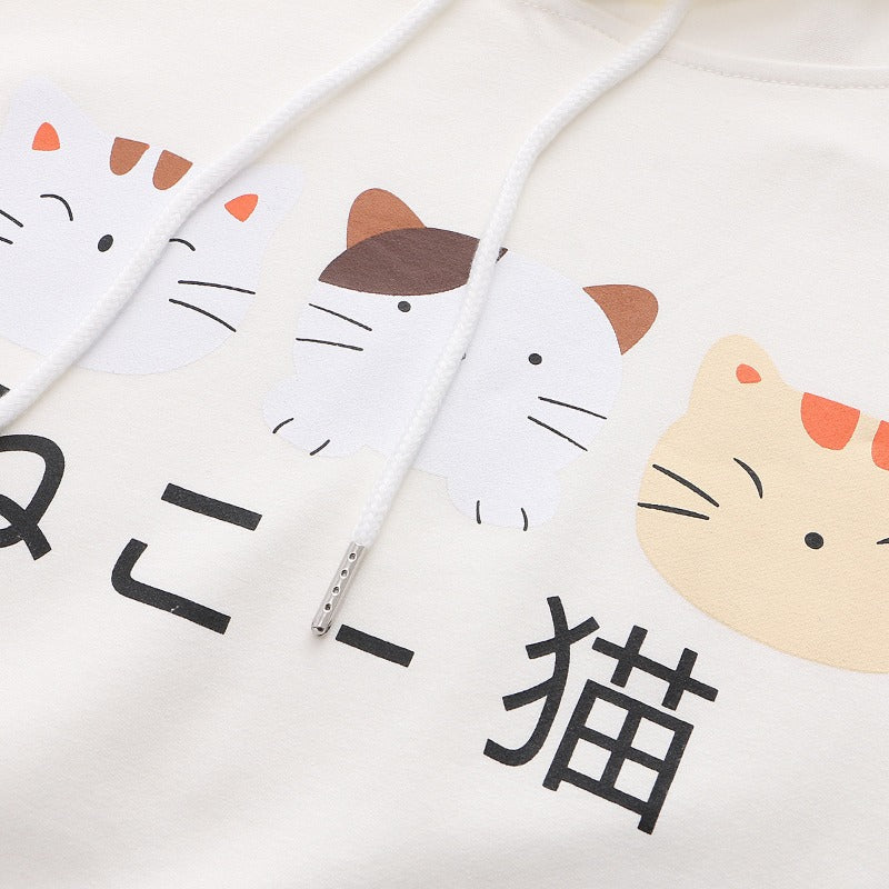 Cute Cat Print Ears Fleece Warm Pullover Hoodie