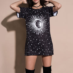 Women's Sun Moon Stars Printed Short-sleeved Dress