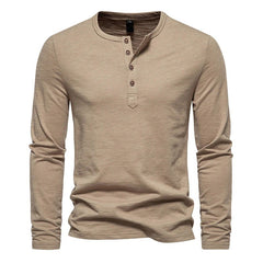 Plain Color Men's Four Button Henry Neck Long sleeve T-shirt