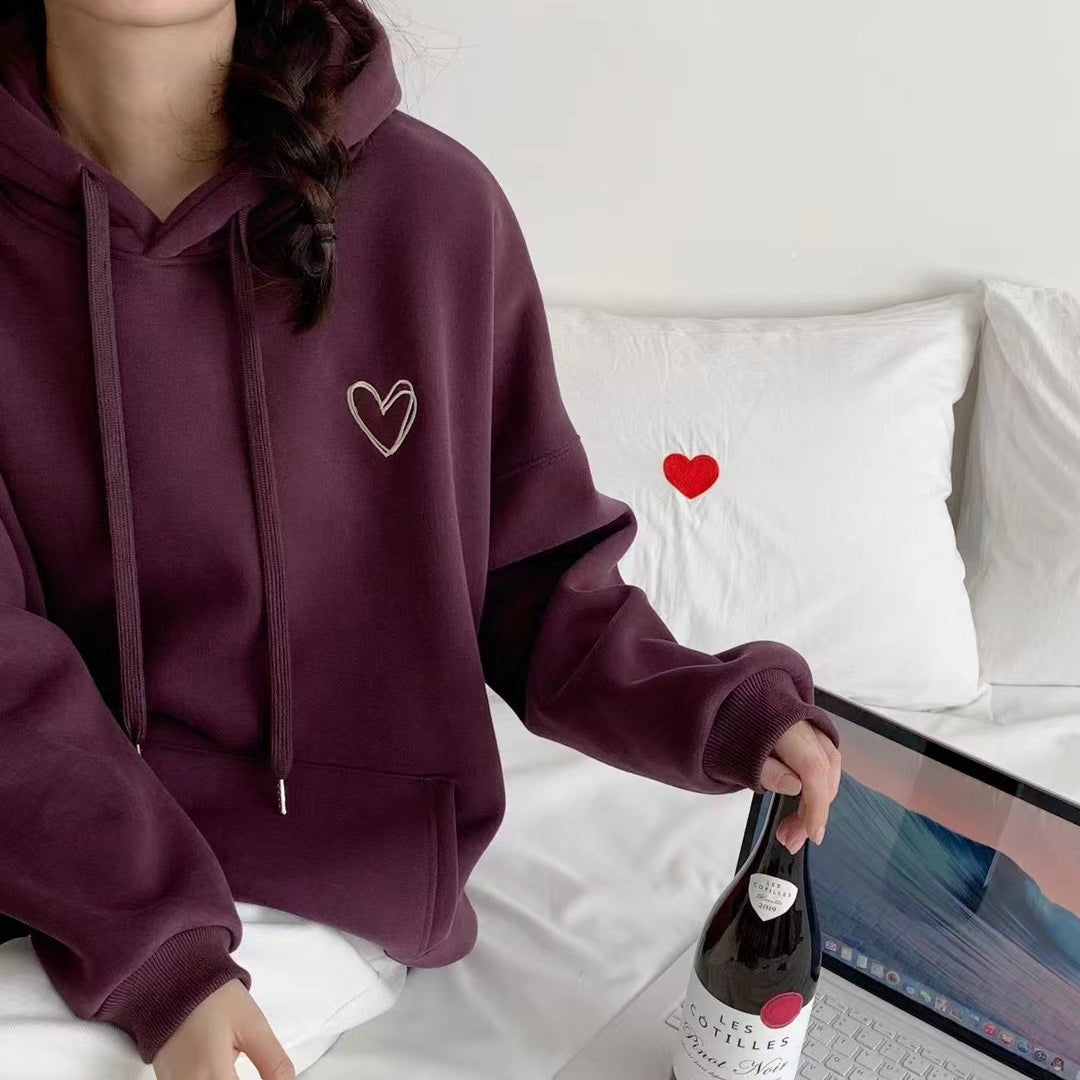 Sweet Women's Heart Embroidered Thickened Hoodie