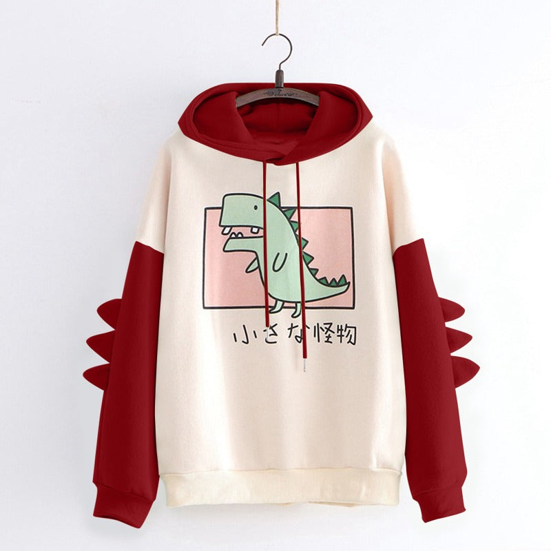 Japanese Style Cute Dinosaur Print Velvet Warm Hoodie