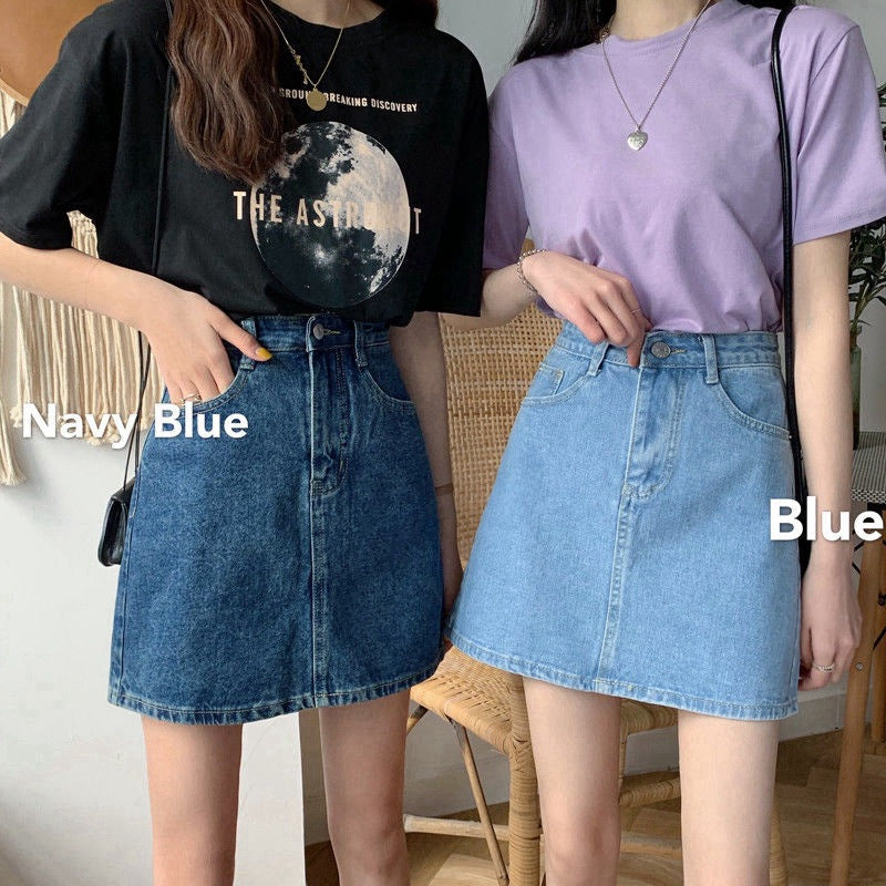 Retro Style High Waisted Blue Denim Short Skirt