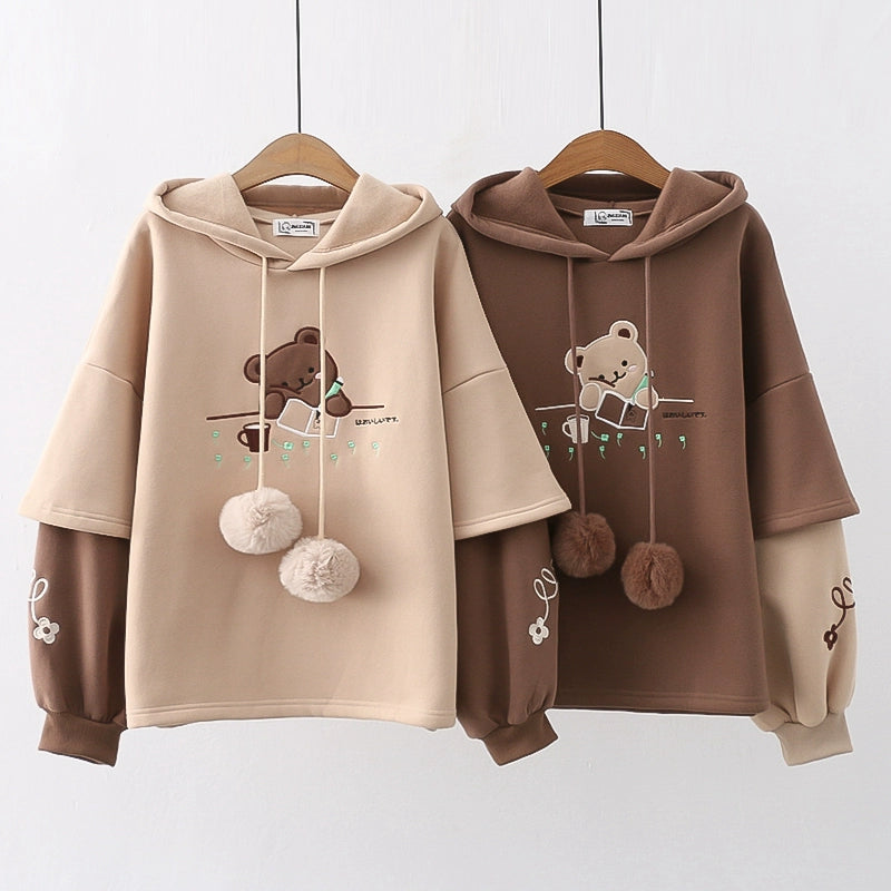 Trendy Fake Two Pieces Bear Embroidered Plush Hoodie