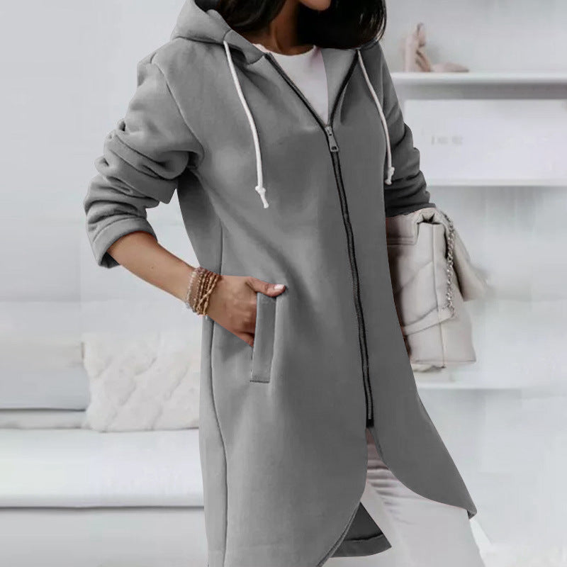 Street Style Zip Up Hooded Long Plush Coat