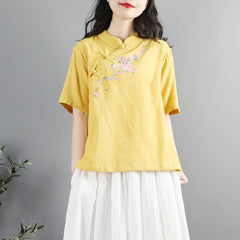 Ethnic Style Floral Embroidered Button Top T-shirt