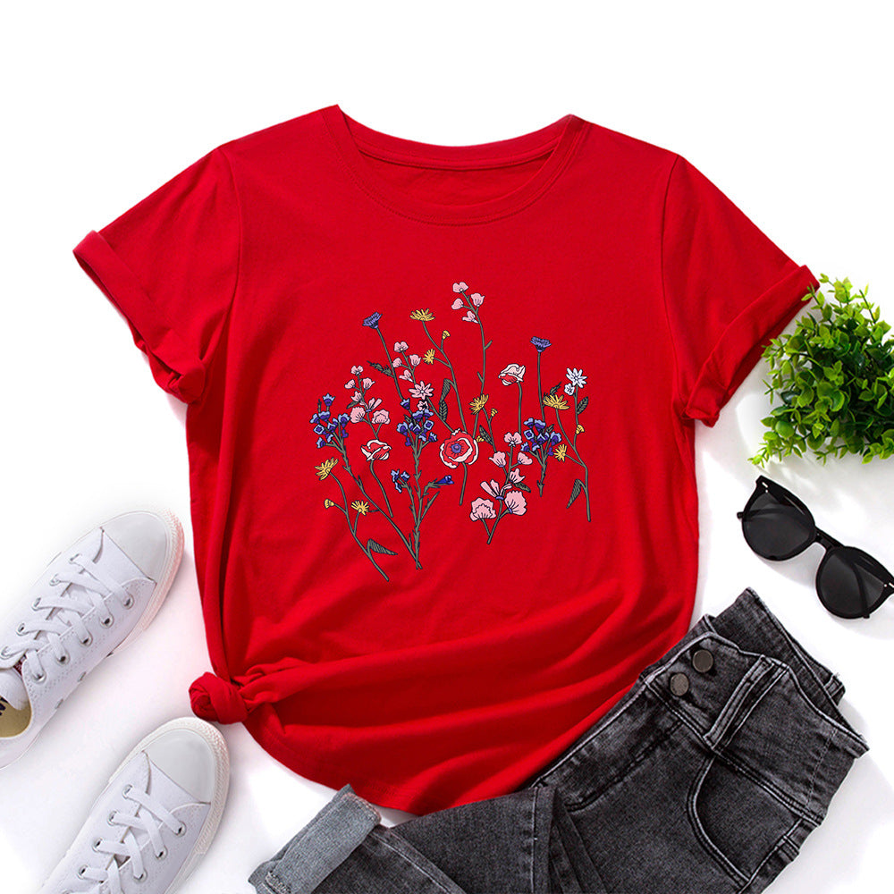 Creative Women's Floral Print Round Neck T-shirt