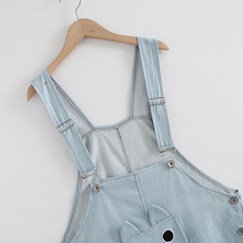 Cute Pocket Cat Embroidered Denim Overalls Shortalls