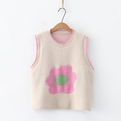 Cute Girls Round Neck Jacquard Flower Pullover Vest