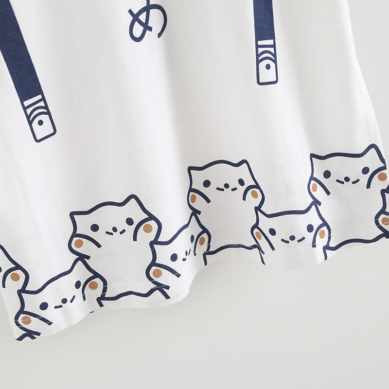 Cartoon Cats Print Fake Suspenders Short Sleeve T-shirt