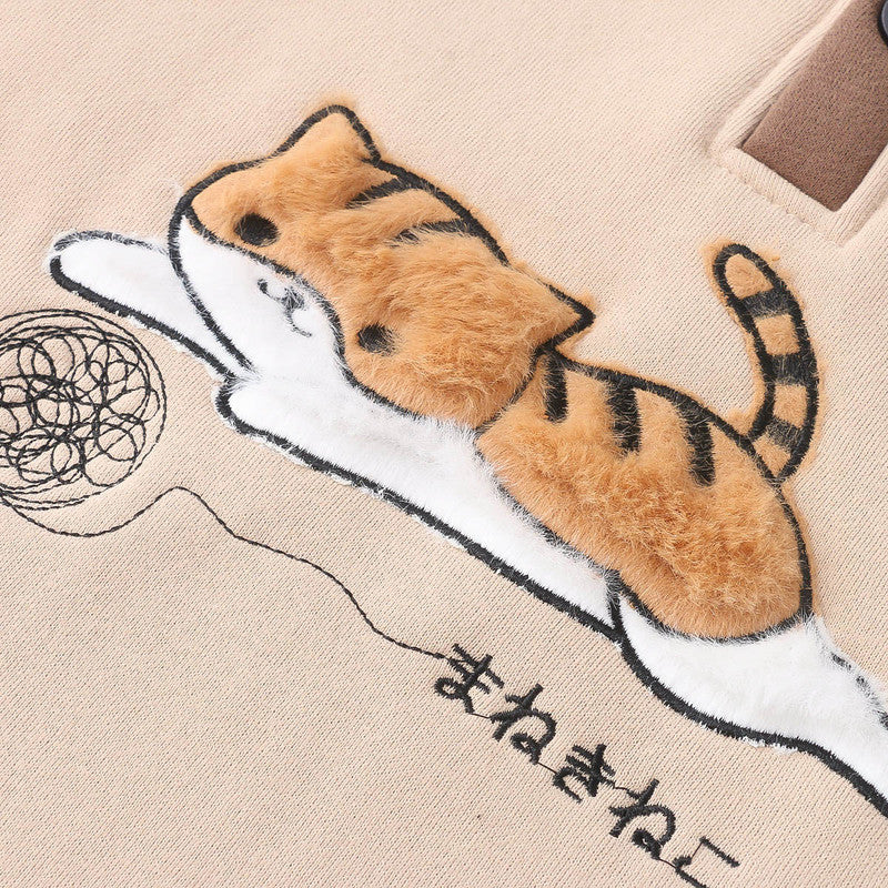 Cartoon Cat Embroidered Plush Thickened Polo Collar Sweatshirt