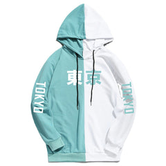 Unisex Tokyo Print Color Block Pullover Hoodie