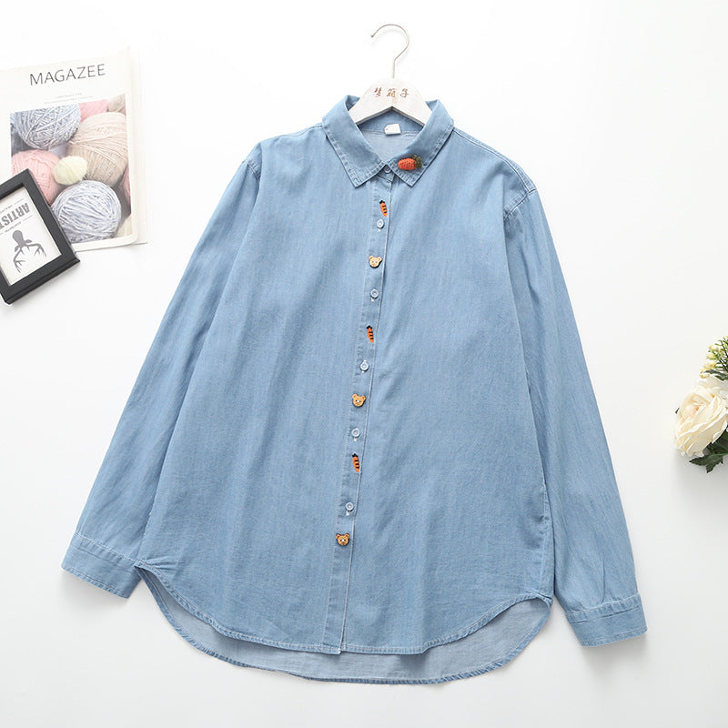 Japanese Style Carrot Embroidery Lapel Denim Shirt