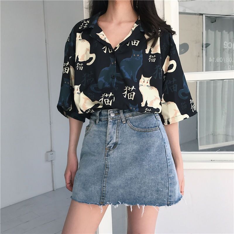 Versatile Retro Summer Cat Printed Flip Collar Shirt