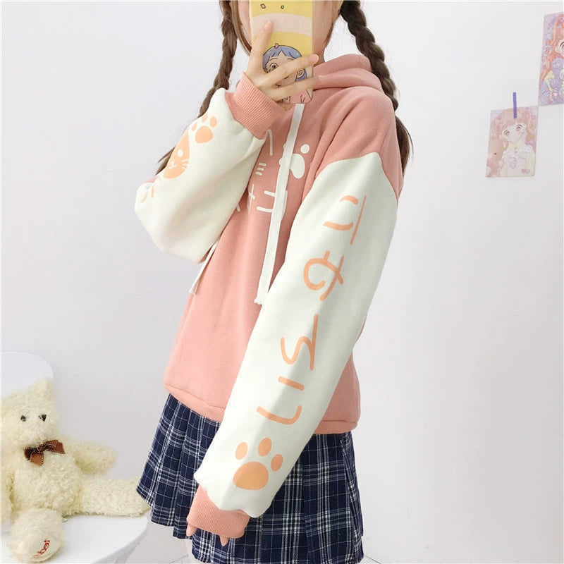 Japanese Mori Cute Cat Print Color Block Hoodie