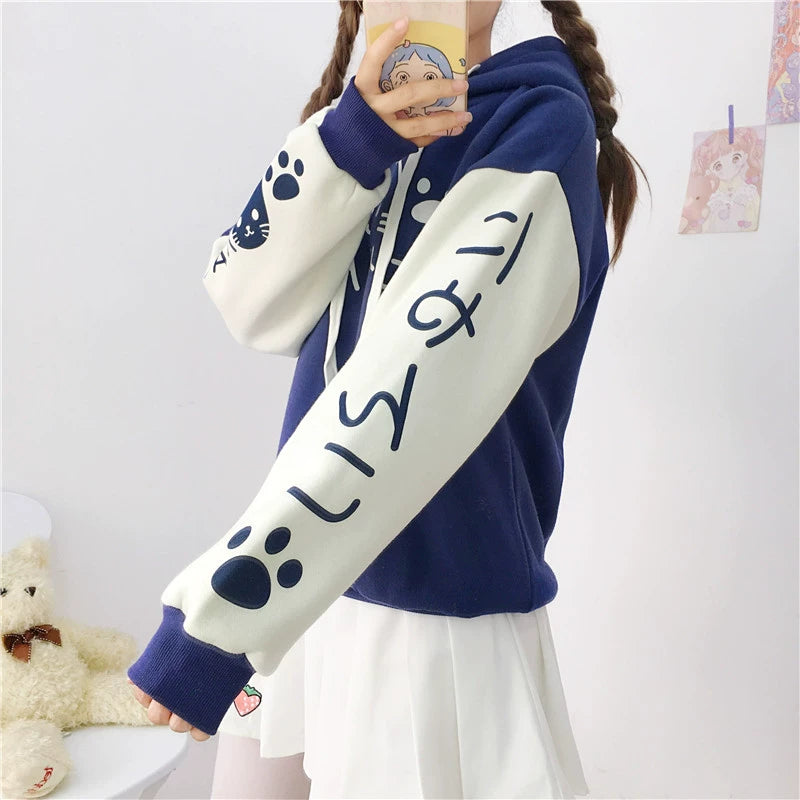 Japanese Mori Cute Cat Print Color Block Hoodie