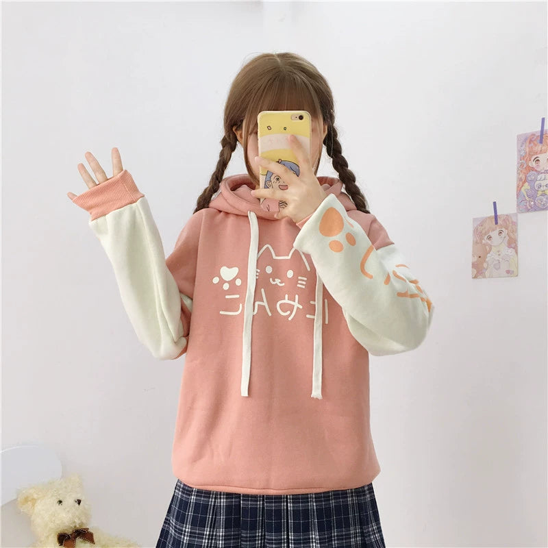 Japanese Mori Cute Cat Print Color Block Hoodie