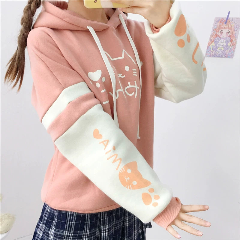 Japanese Mori Cute Cat Print Color Block Hoodie