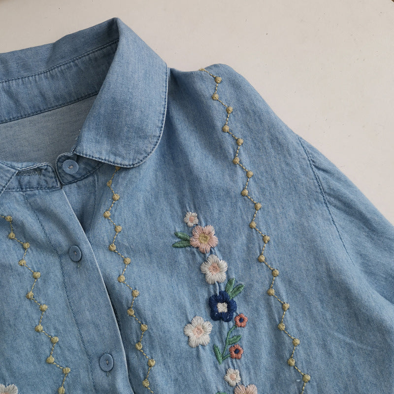 Japanese Style Flower Embroidery Washed Denim Long Sleeved Shirt