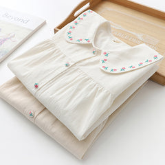 Japanese Style Doll Collar Floral Embroidered Shirt