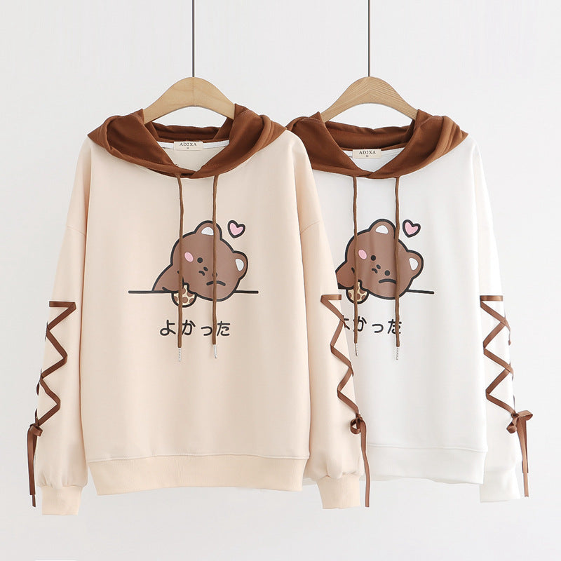 Cute Bear Ears Lace-up Long-sleeved Hoodie