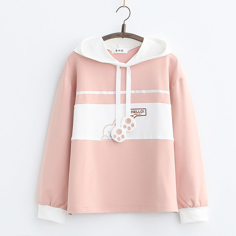 Sweet Color Block Cartoon Rabbit Claw Drawstring Hoodie