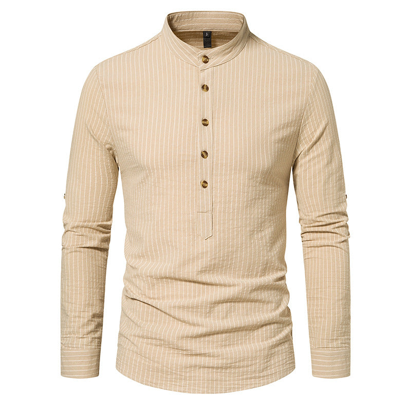 Stylish Henry Collar Men's Long Sleeve Striped Shirt