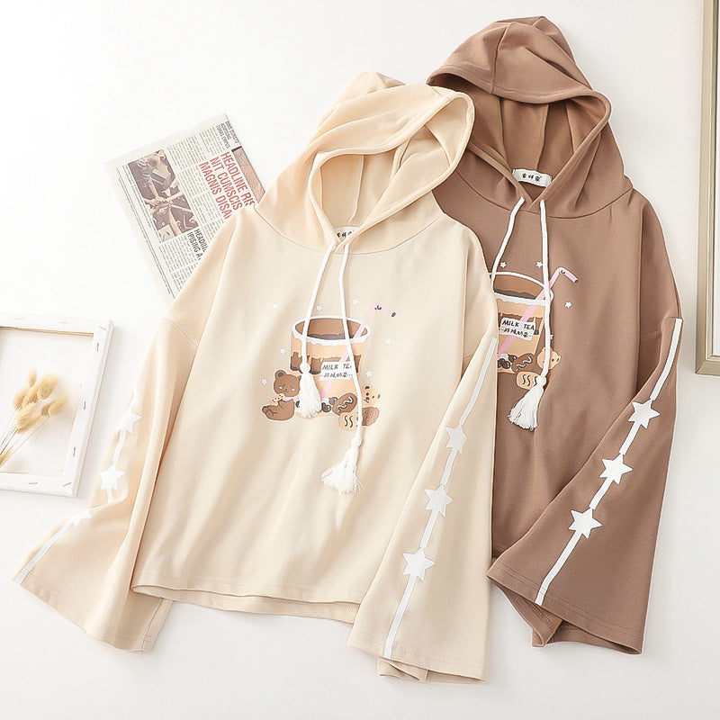 Cute Girls Bear Milk Tea Print Pullover Hoodie