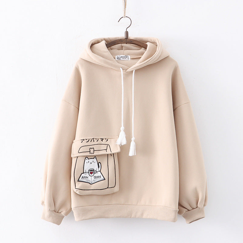 Cartoon Pocket Animal Embroidered Plush Hoodie