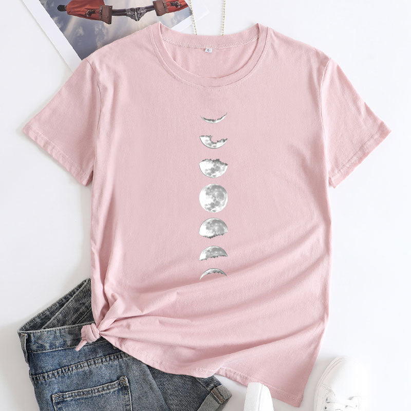 Casual Women's Moon Phase Short Sleeved T-shirt