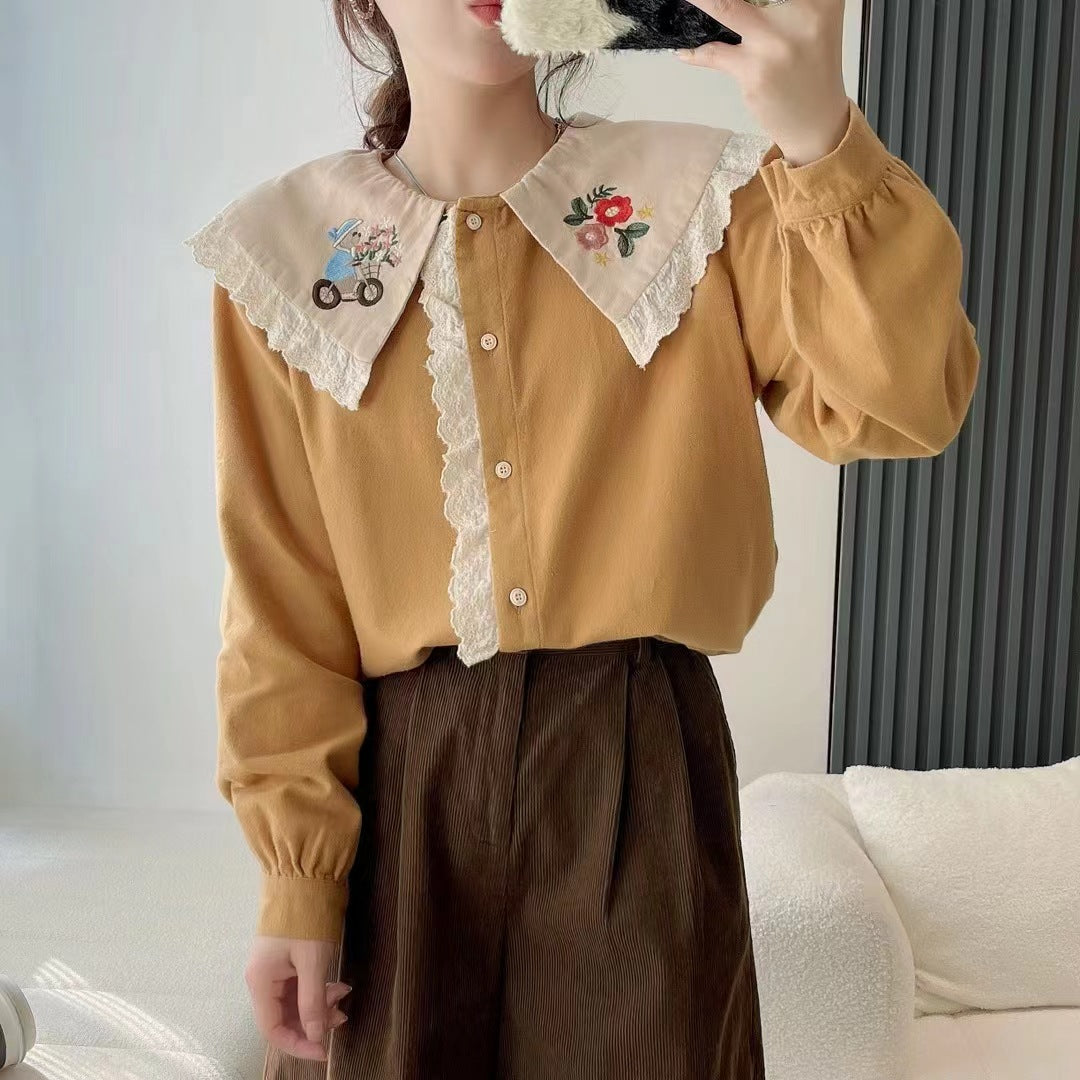 Women's Niche Floral Bear Embroidered Lapel Shirt