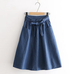 Summer Sweet Girls Denim Elastic Waist Mid Skirt