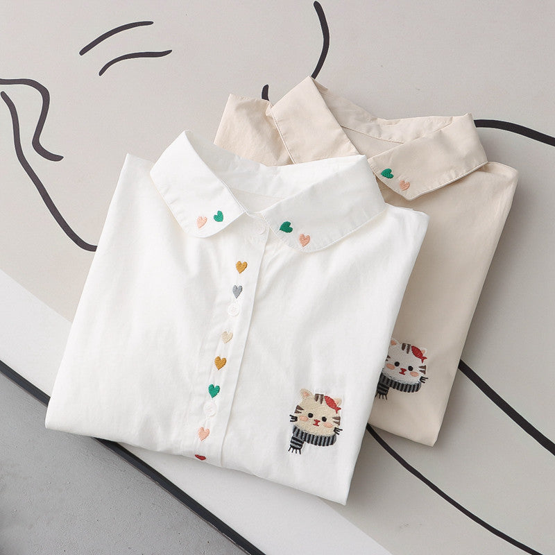 Cartoon Cat Embroidered Lapel Women's Shirt