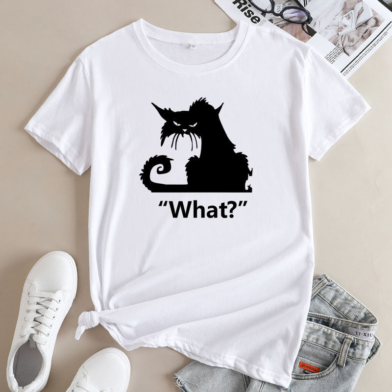 Casual What Cat Print Cotton Round Neck T-shirt