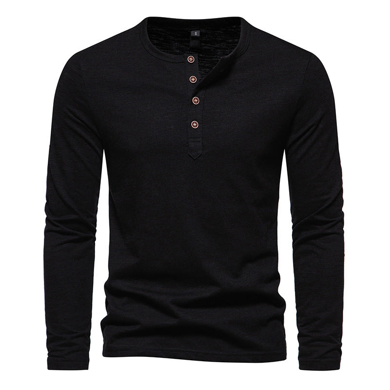 Plain Color Men's Four Button Henry Neck Long sleeve T-shirt