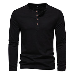 Plain Color Men's Four Button Henry Neck Long sleeve T-shirt