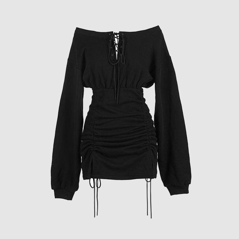 Hot Girls Off Shoulder Long Sleeve Drawn Ruffles Short Dress