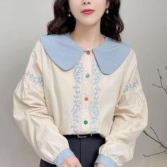 Women's Doll Neck Floral Loose Shirt