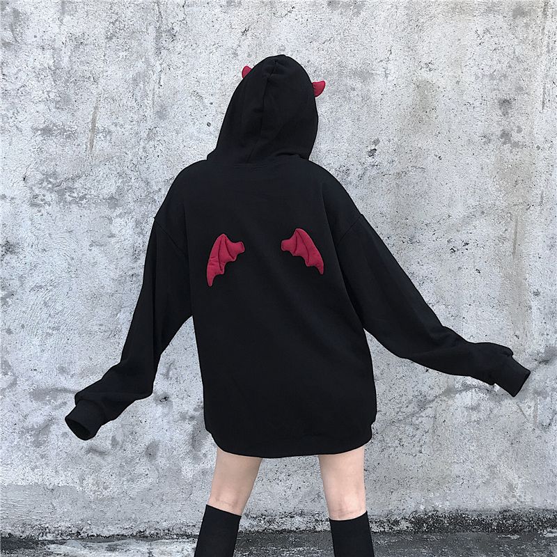 Dark Little Devil Wings Letter Embroidered Velvet Hoodie